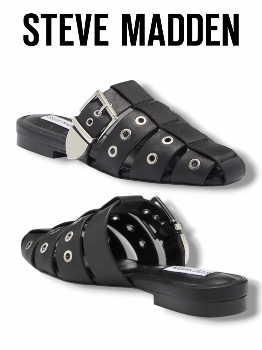 Steve Madden Women’s Black Leather Buckle & Grommet Slide Mules in the Size 9